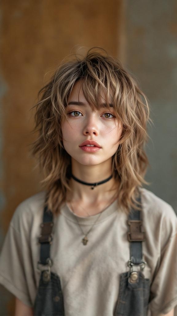 A person with shaggy ear-length hair, wearing a choker and casual clothing, showcasing a trendy hairstyle.