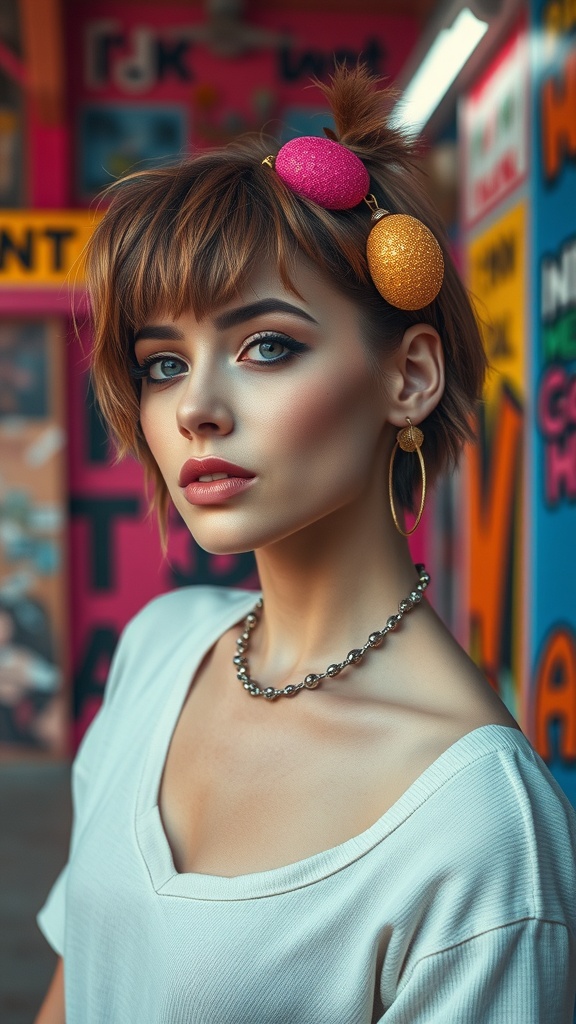 A young woman with short shaggy hair styled with colorful hair accessories, set against a vibrant background.
