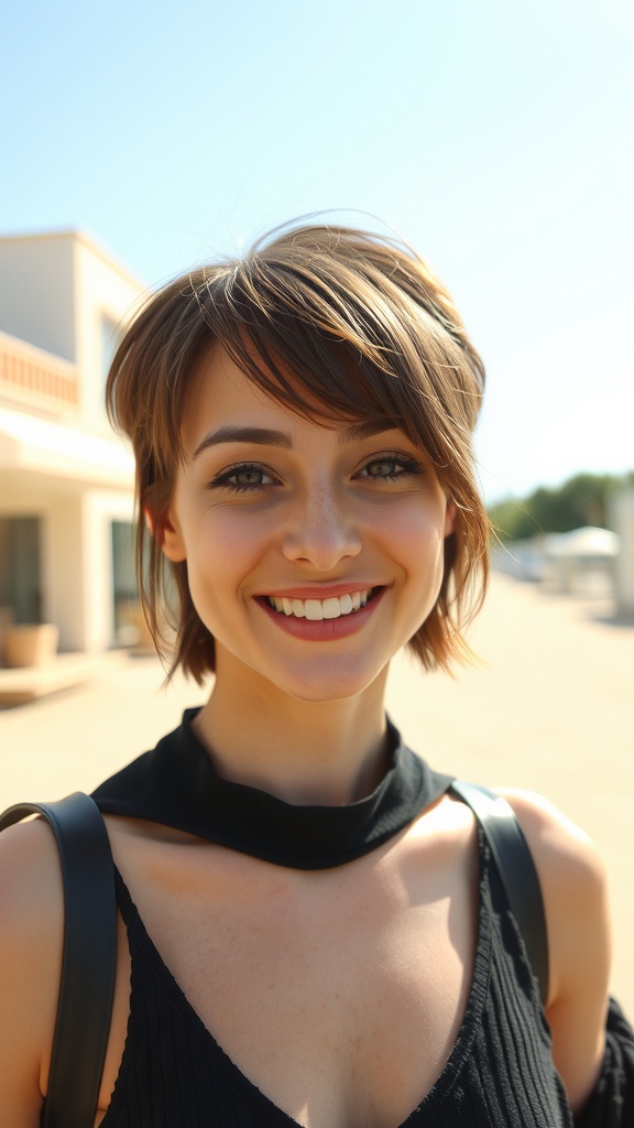 A young woman with short shaggy hair and side-swept bangs, smiling outdoors.
