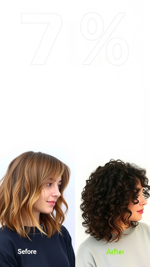 Before and after images of a shaggy lob hairstyle on different hair textures