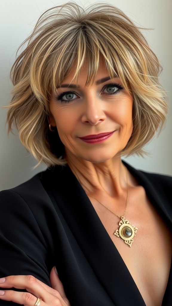 A woman with a shaggy lob hairstyle, showcasing layers and soft waves, looking stylish and confident.