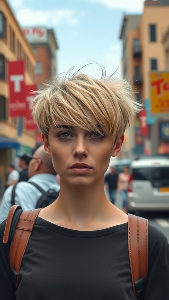 A model with a shaggy pixie cut, showcasing a stylish and edgy look in an urban setting.