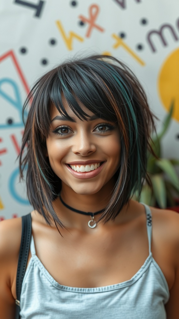 A smiling person with shaggy short layers and colorful highlights