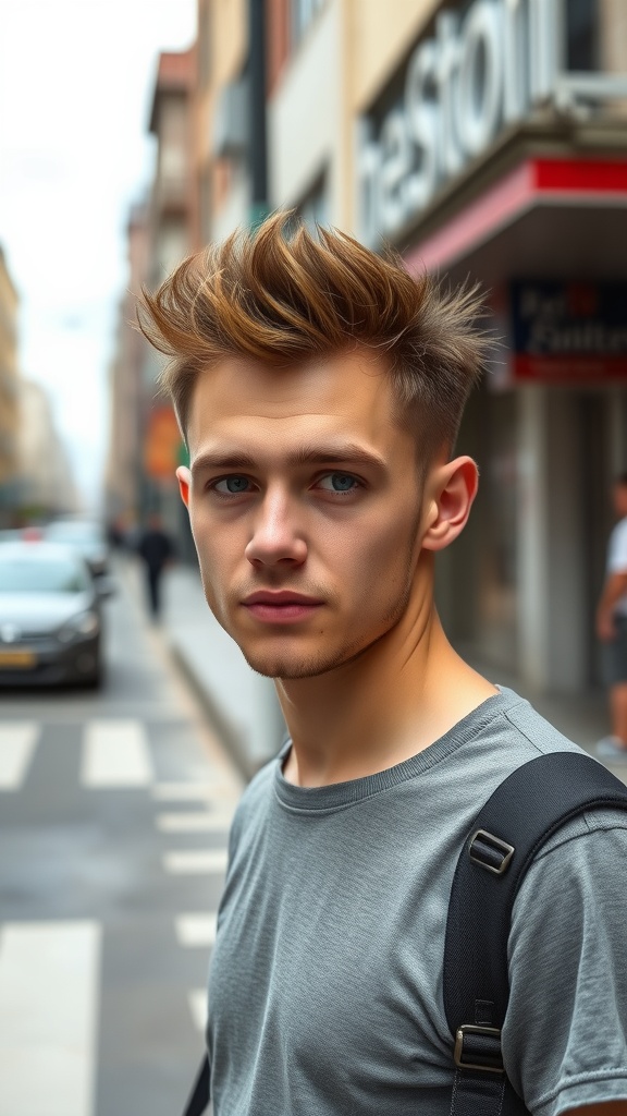 A young man with a short spiky hairstyle, wearing a gray shirt, standing on a city street.