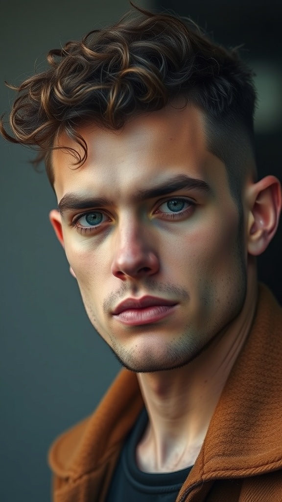 A young man with short curly hair styled on top and shorter sides, showcasing a modern and stylish look.