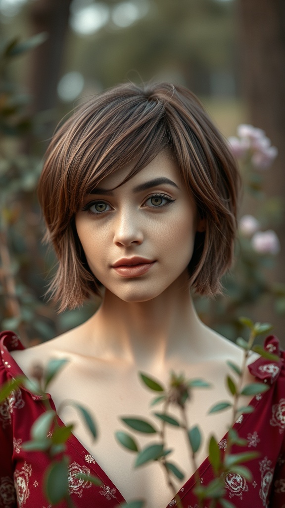 A woman with a short layered haircut, framed by greenery, showcasing a stylish and modern look.