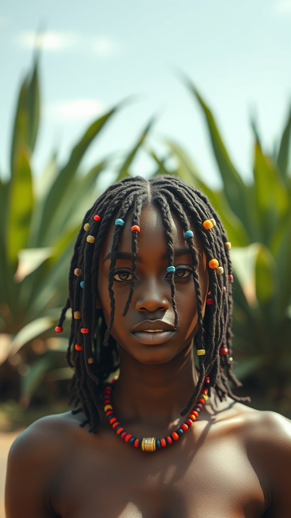 A person with short locs decorated with colorful beads, set against a natural background.