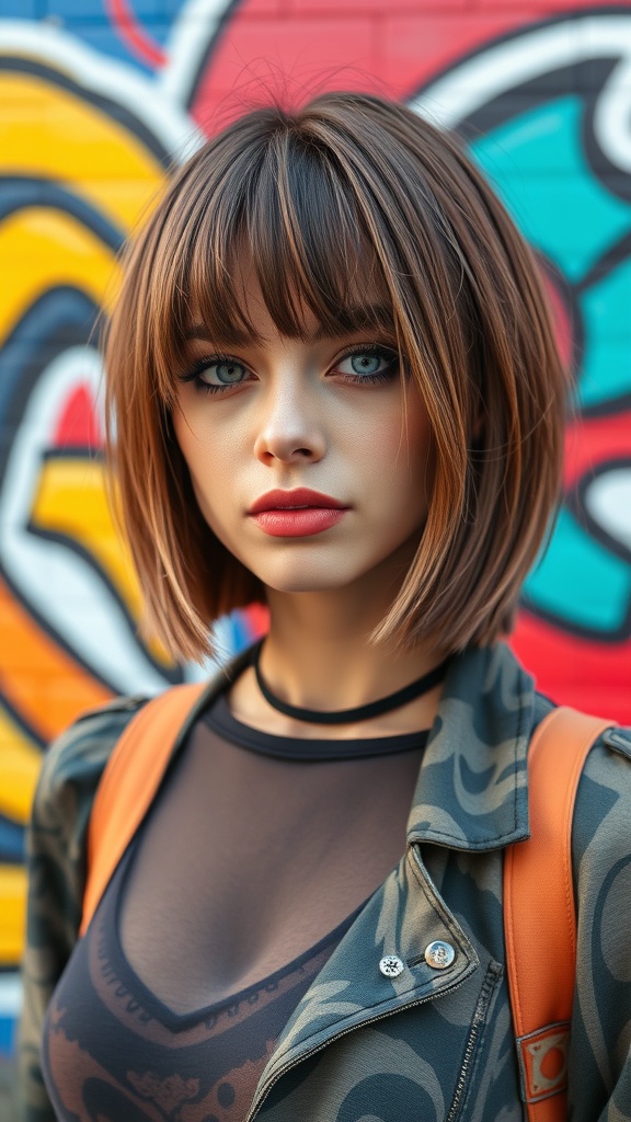 A model with a short shag hairstyle and curtain bangs, standing in front of a colorful graffiti background.