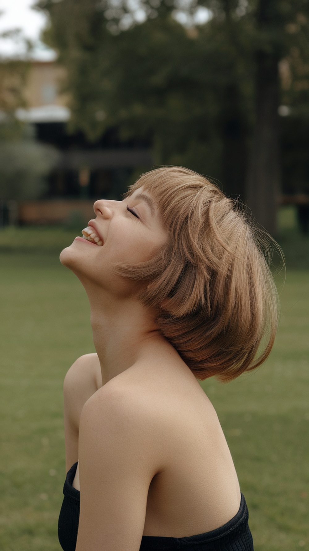A young woman with a short shaggy bob hairstyle, smiling in a park.