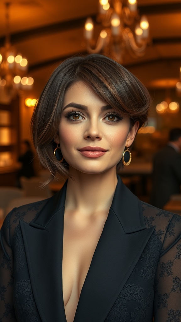A woman with a short side-swept hairstyle, wearing elegant earrings and a stylish outfit.