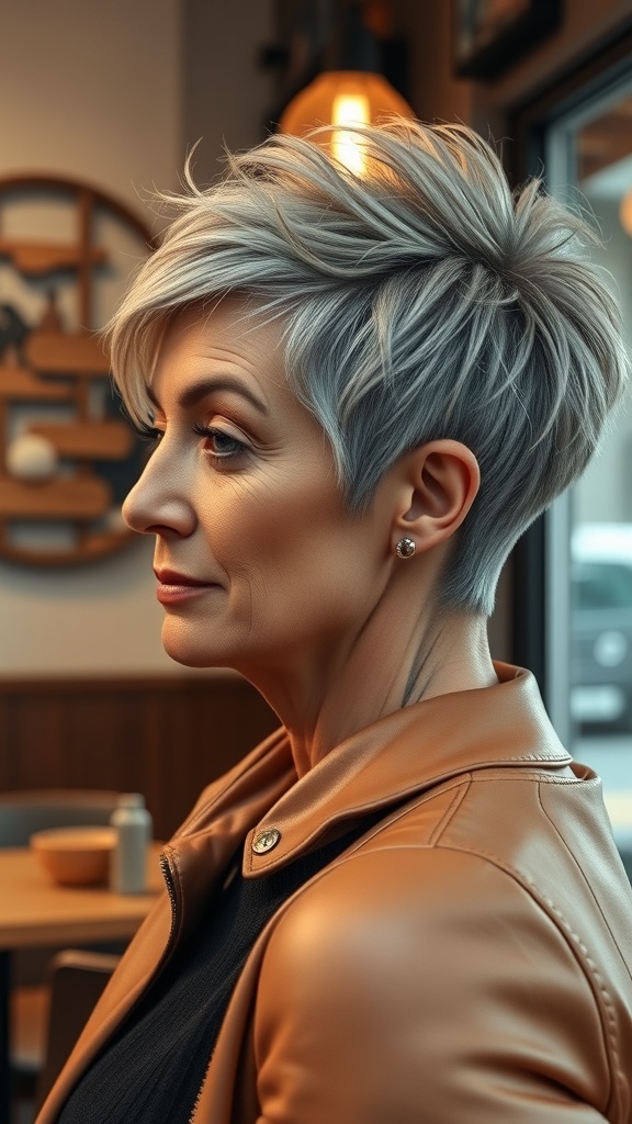 A woman with a stylish short undercut hairstyle, featuring textured layers and a light silver color.