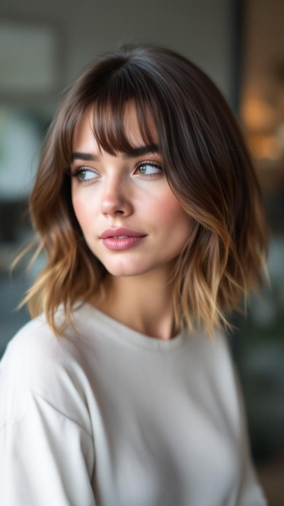 A woman with a shoulder-length layered bob hairstyle featuring bangs, showcasing soft waves and a subtle ombre effect.