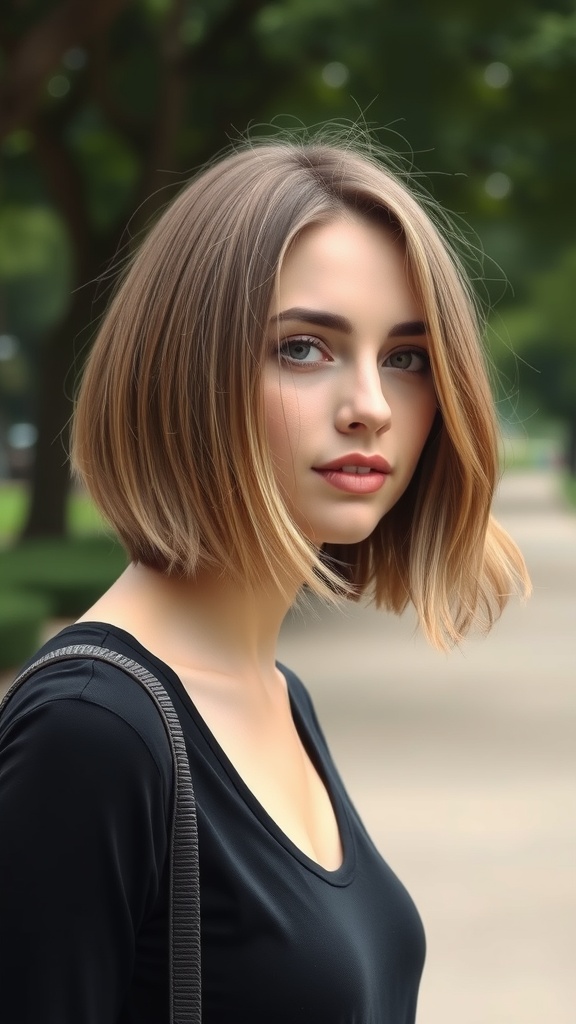 A woman with shoulder-length lob hairstyle, featuring soft layers and a natural look.