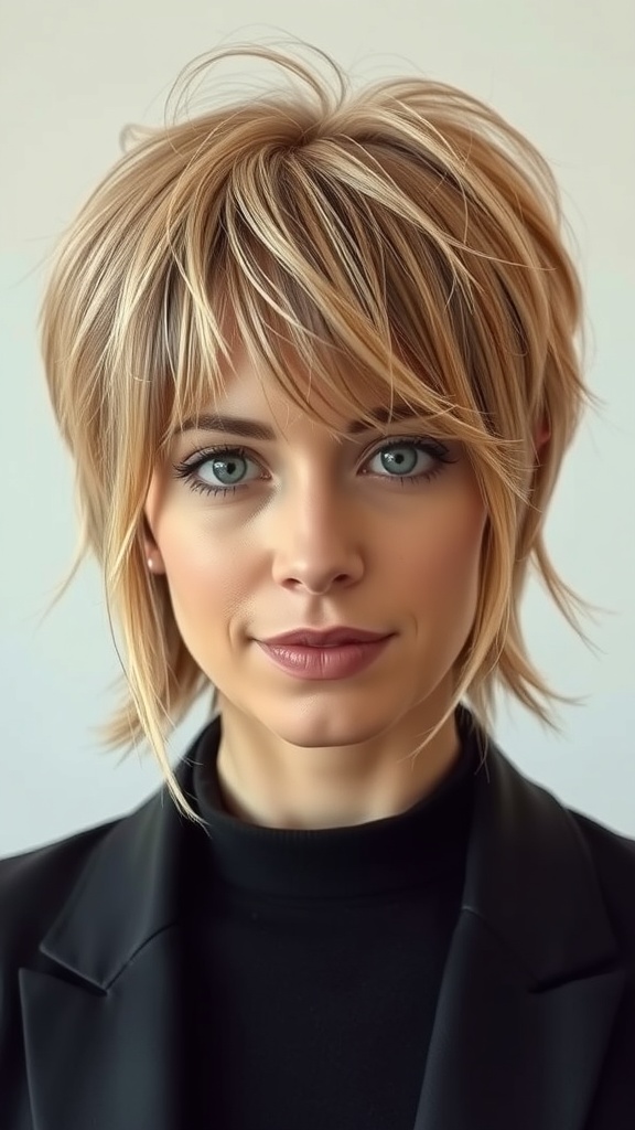 A woman with a shoulder-length shag hairstyle, featuring soft layers and a relaxed, tousled look.