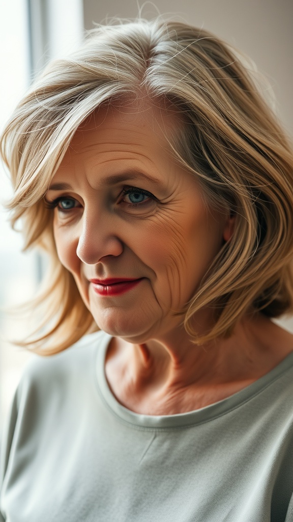 A woman with shoulder-length waves, showcasing a soft and elegant hairstyle.