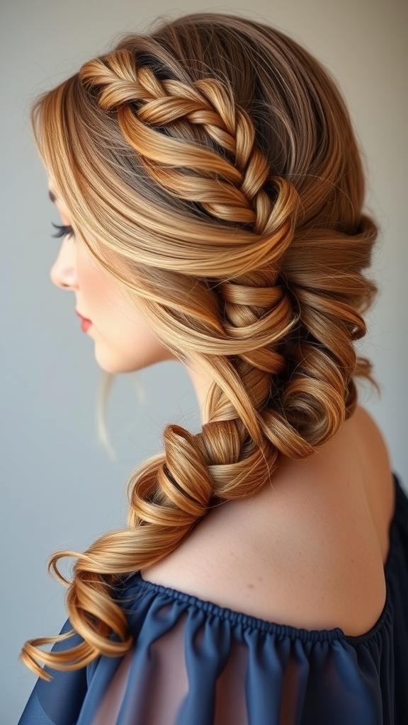 A side view of a woman with beautiful side-swept baby braids, showcasing warm-toned hair styled elegantly.