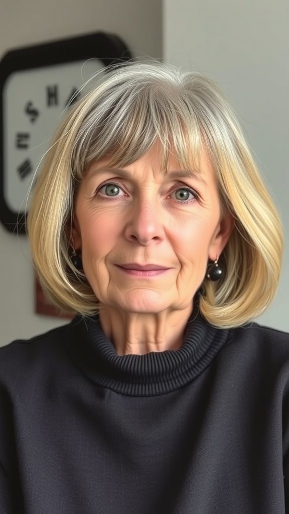 A woman over 60 with shoulder-length hair and side-swept bangs, wearing a black top and looking confidently at the camera.