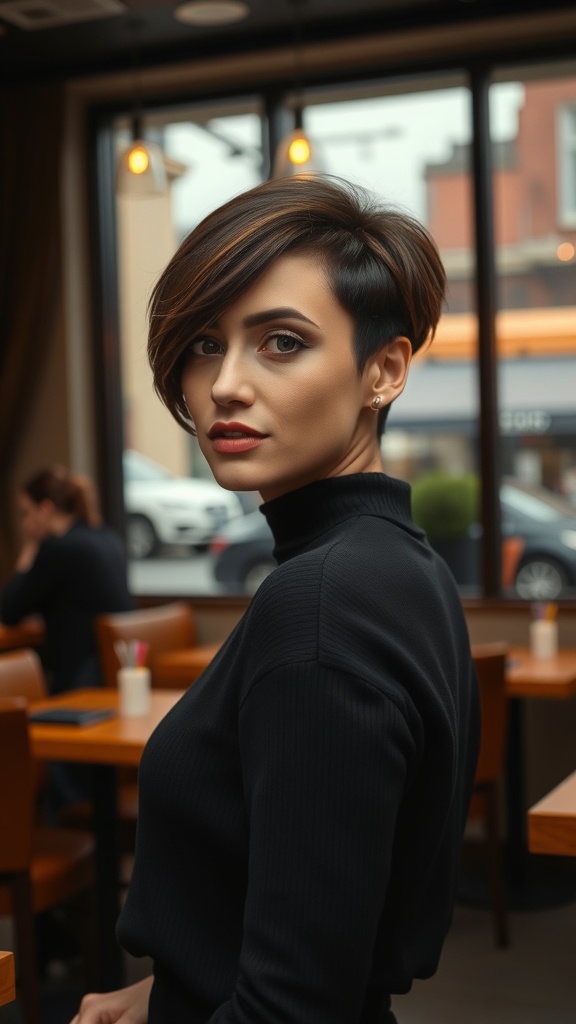 A woman with a stylish short haircut and side-swept bangs, looking confidently at the camera.