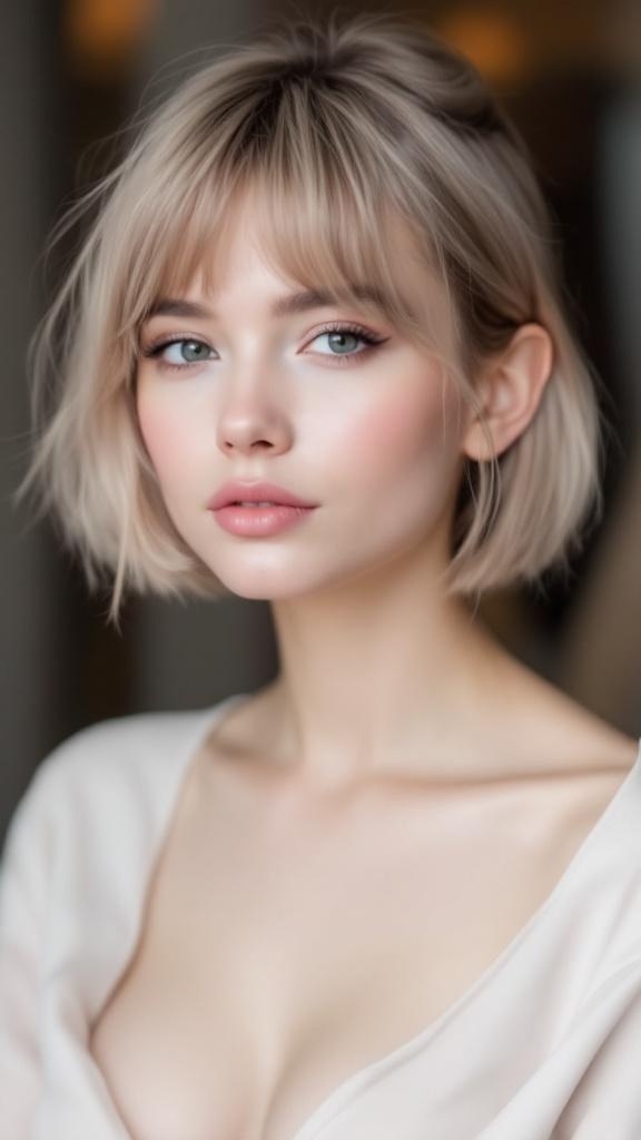 A person with ear-length hair and side-swept bangs, showcasing a stylish and modern haircut.
