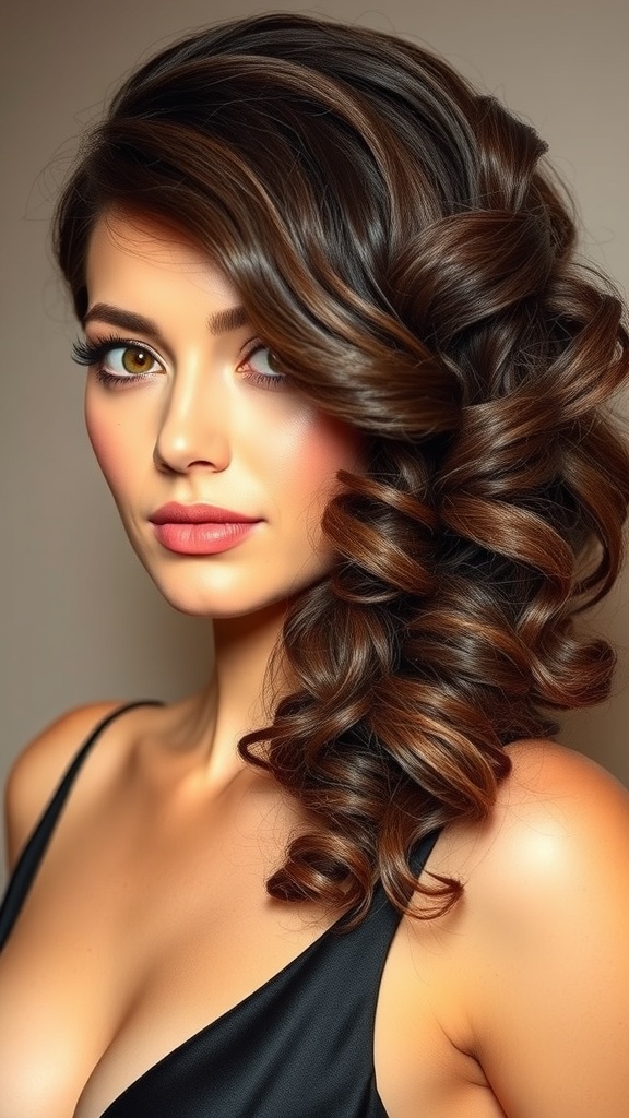 A woman with side-swept curls, showcasing voluminous and shiny hair.