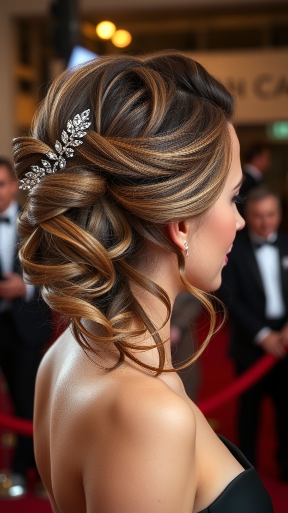 A woman with long hair styled in side-swept curls, adorned with a decorative hairpiece.