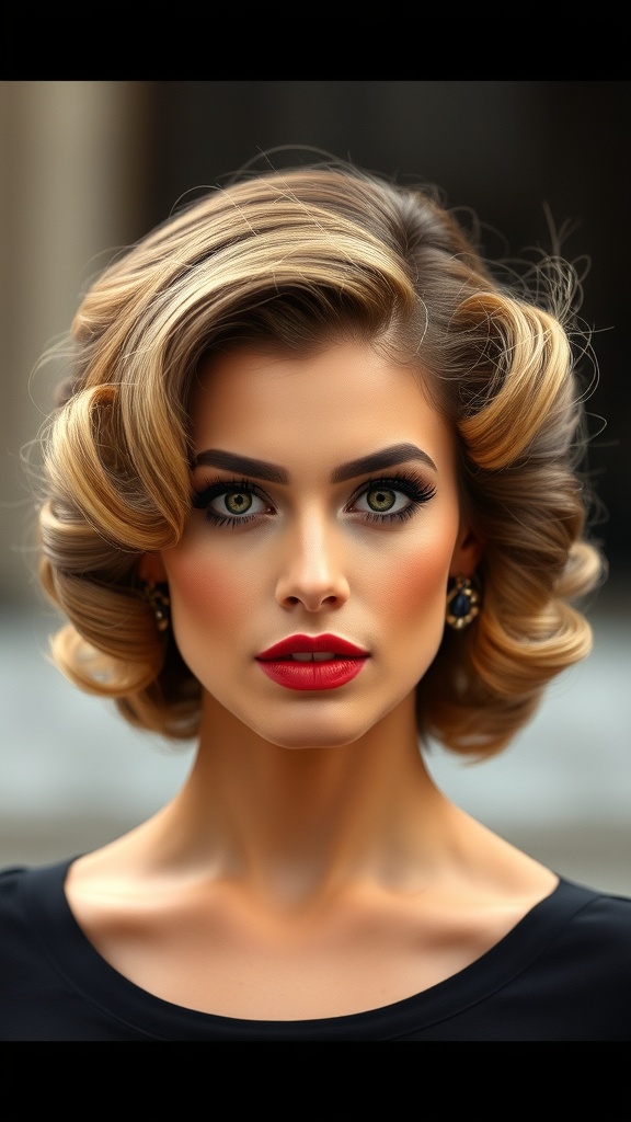 A woman with side-swept curls, showcasing an elegant hairstyle suitable for an oval-shaped face.