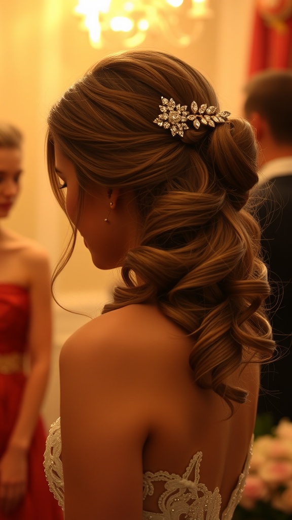 A woman with side-swept curls and a decorative hairpiece, showcasing a formal hairstyle.