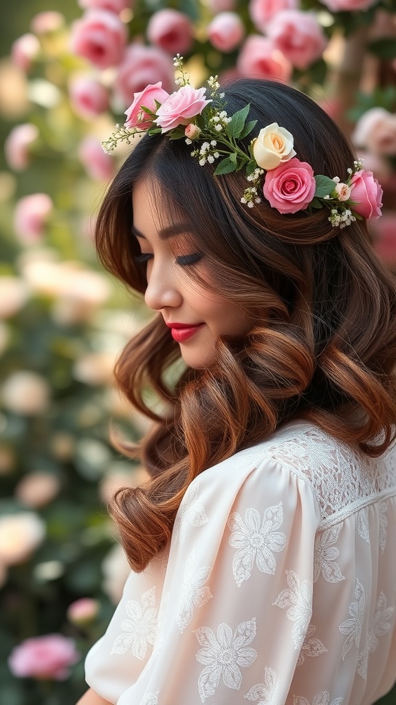 A woman with side-swept curls wearing a floral crown, surrounded by pink roses.