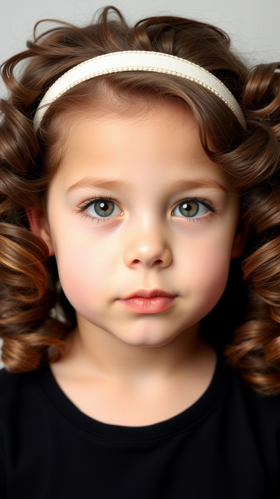 A young girl with side-swept curls and a headband, looking adorable.