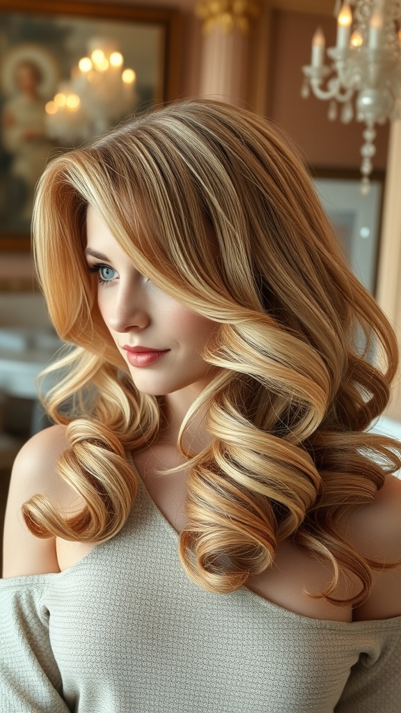 A woman with blonde side-swept curls, showcasing a vintage hairstyle.