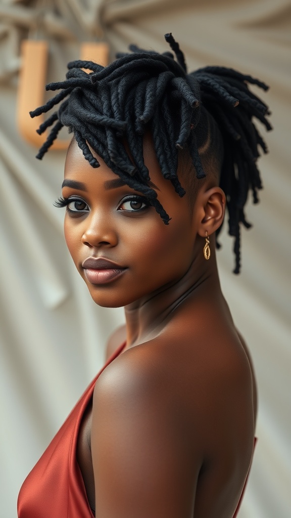 A model with side-swept dyed locs, showcasing a stylish hairstyle.
