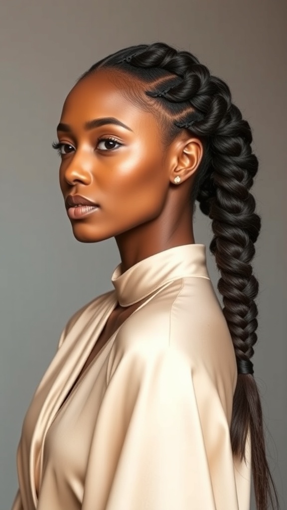 A woman with side-swept Fulani braids, wearing earrings and a red outfit, showcasing the beauty and elegance of the hairstyle.