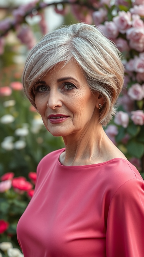 A woman with side-swept hairstyle, wearing a pink top, surrounded by flowers.