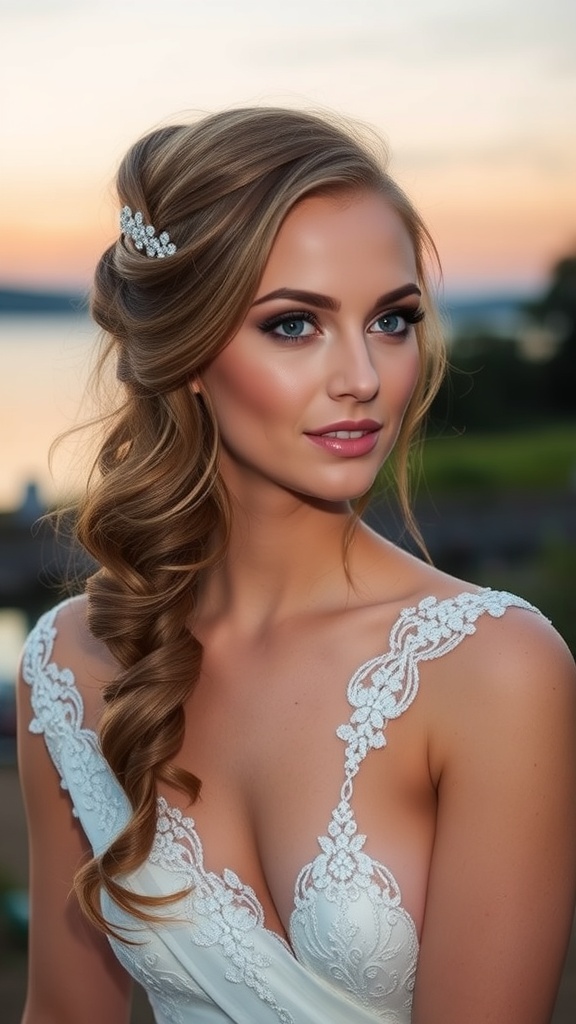 Bride with side-swept loose braid and hair accessory, showcasing a romantic hairstyle.