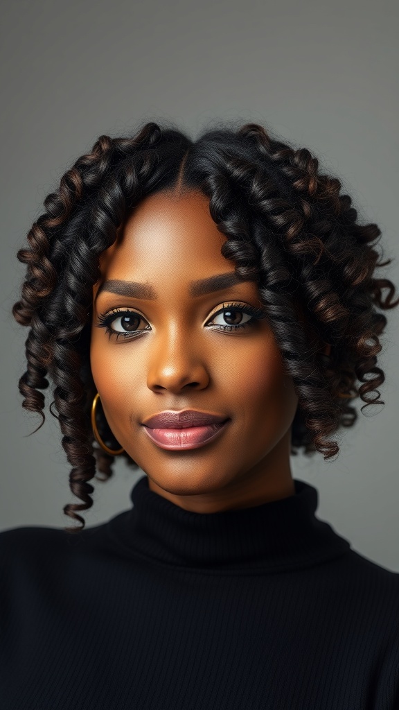 A woman with side-swept natural curls, showcasing defined and bouncy hair.