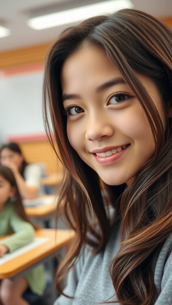 A girl with long, side-swept waves smiling in a classroom setting.