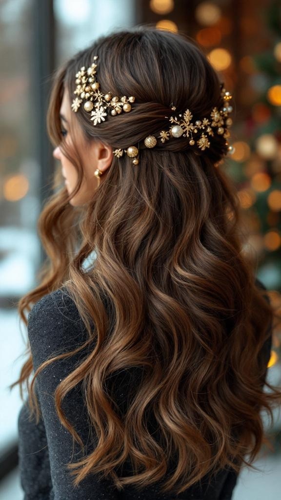 A woman with side-swept waves adorned with gold accessories, showcasing a festive hairstyle.