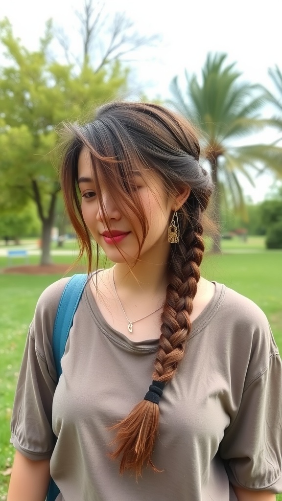 A young woman with a side braid in a casual outfit, standing outdoors with greenery in the background.