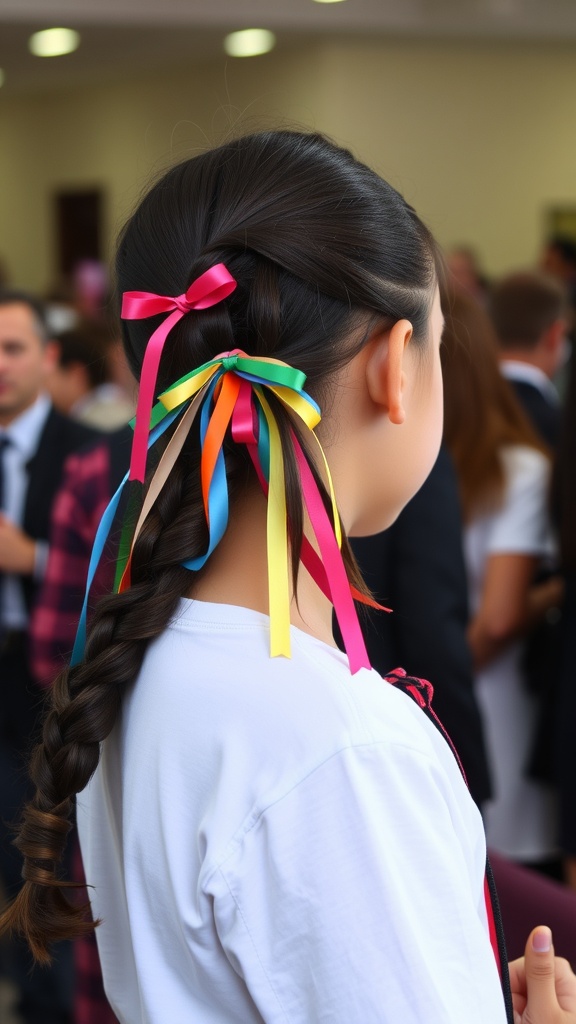 A girl with a side braid decorated with colorful ribbons.