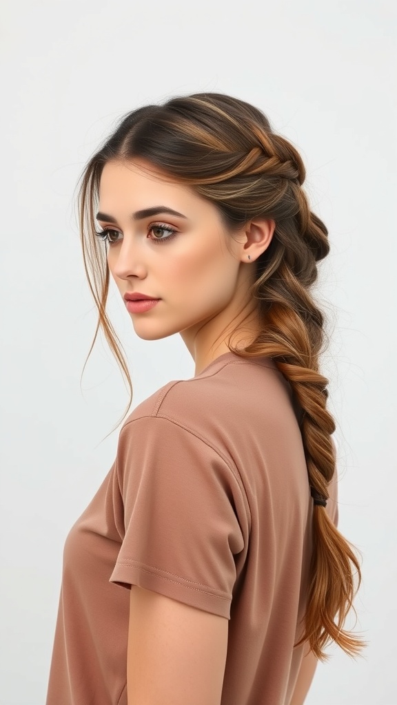 A woman with a side Dutch braid hairstyle, showcasing a stylish and casual look.