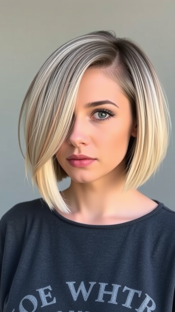 A woman with a side shaved bob hairstyle featuring highlights.