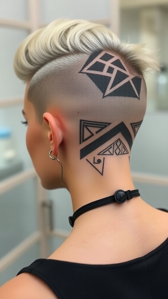 A side shaved hairstyle featuring geometric patterns on the shaved side.