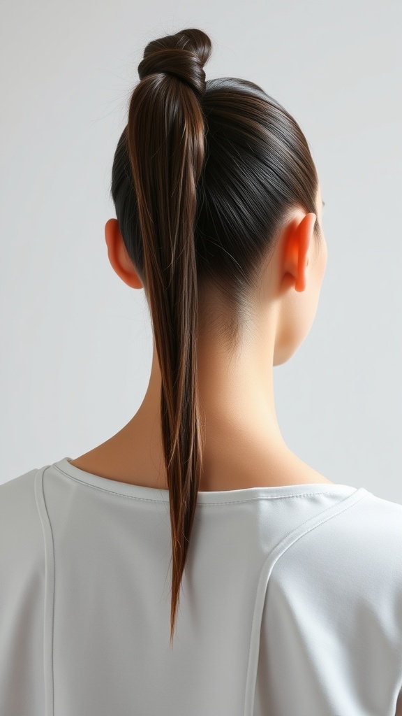 A person with a side shaved ponytail, featuring a high, sleek ponytail and a shaved side.