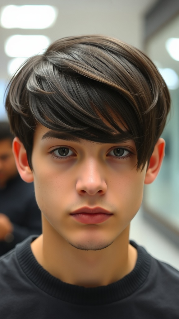 A young man with side swept bangs, showcasing a stylish Korean hairstyle.