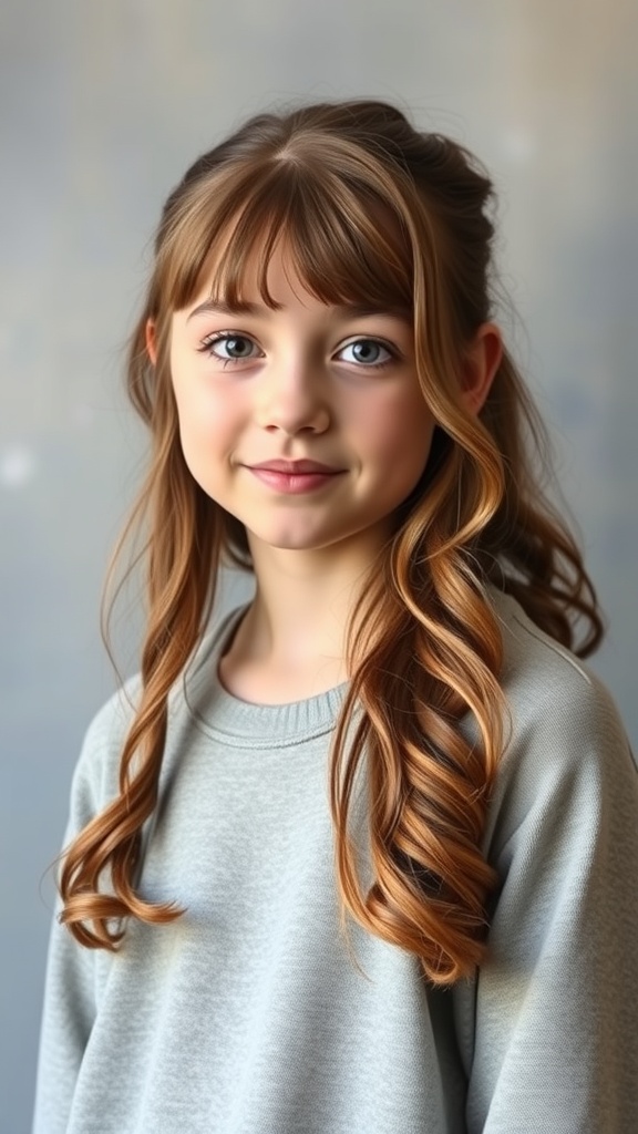 A girl with side swept bangs and loose curls, wearing a gray sweater.