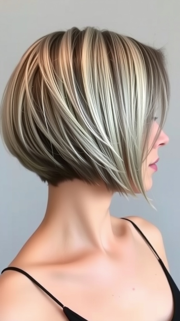 A stylish bob haircut featuring silver and gray streaks, showcasing a modern and chic look.