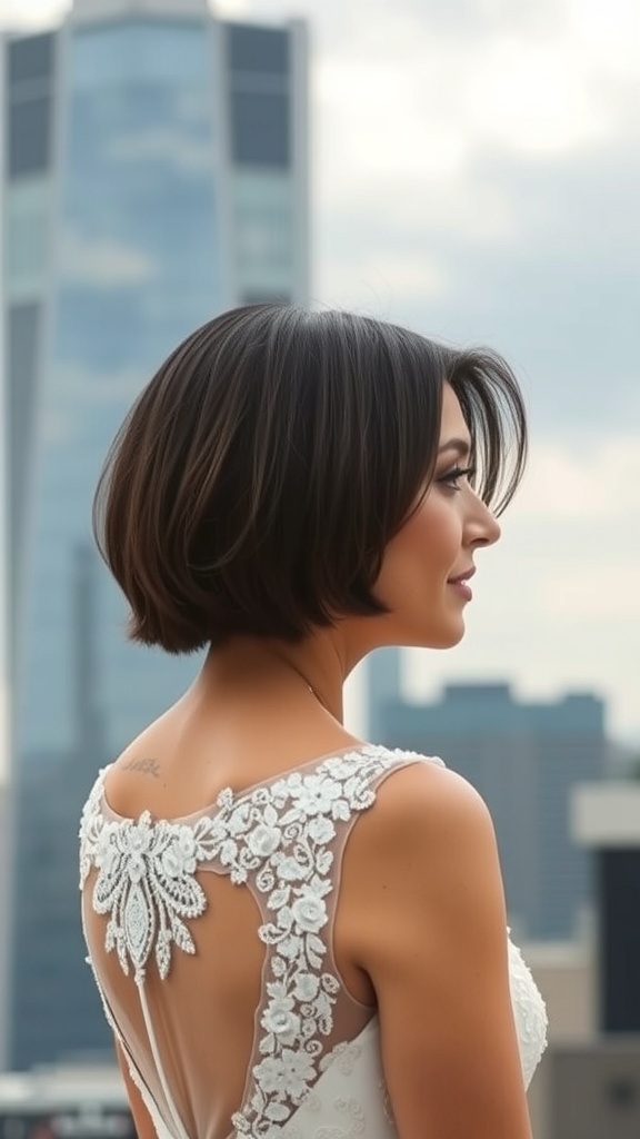 Bride with a simple and sleek bob hairstyle, wearing a backless wedding dress, with a city skyline in the background.