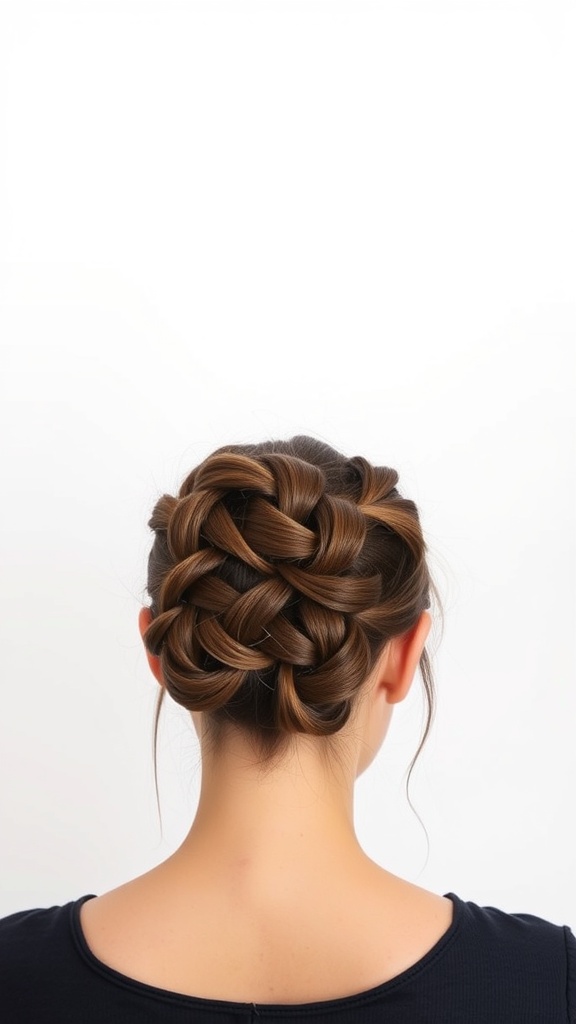 A simple braided bun hairstyle viewed from the back.