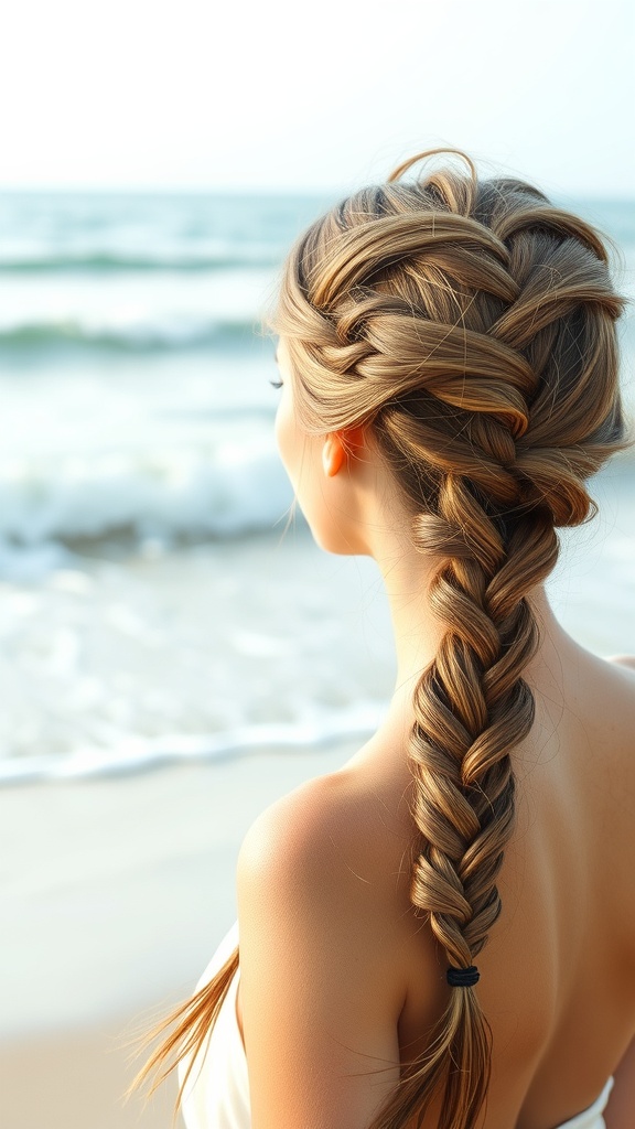 A woman with a fishtail braid standing on the beach, looking at the ocean.
