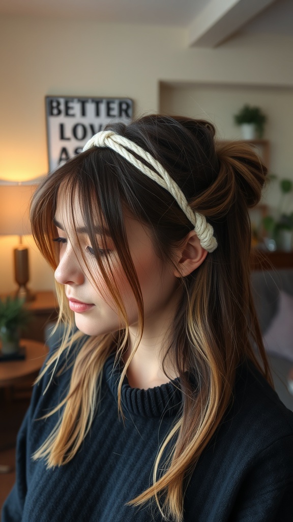 A young woman wearing a twisted headband with long hair, looking stylish and casual.